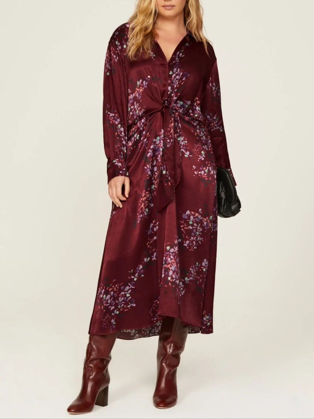 Vince Forsythia Tie Front Midi Dress Silk Blend Satin Burgundy Floral Long Sleev